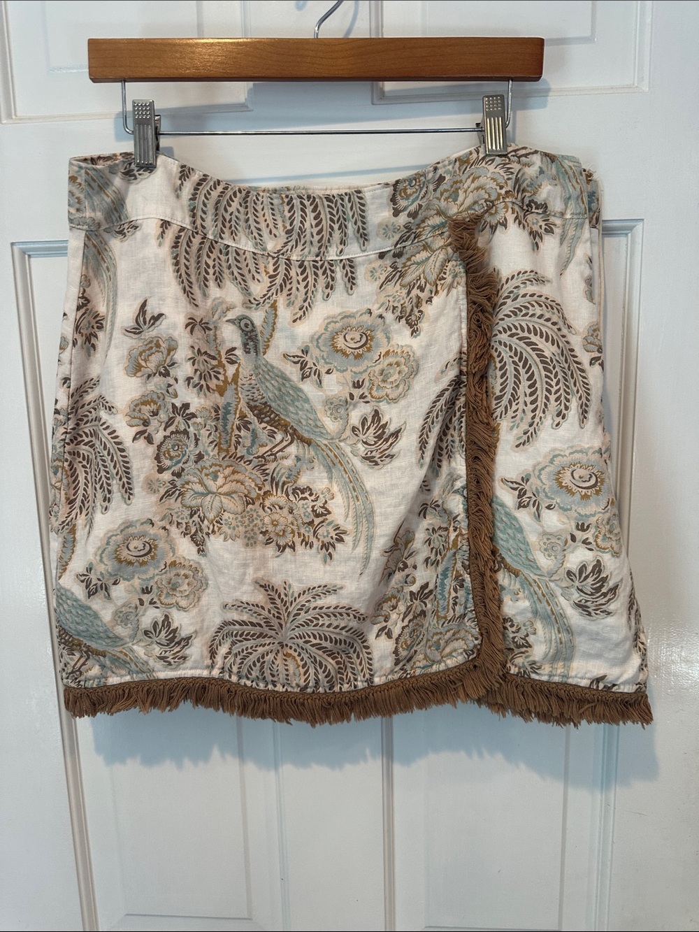 Spartina 449 Cream Floral & Teal Bird Fringe Wrap Skirt with Brown Trim